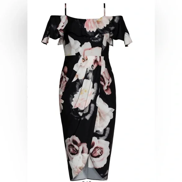City Chic Cold Shoulder Dress Black Austin Floral Rose Draped Plus Size M 18 - Picture 5 of 15
